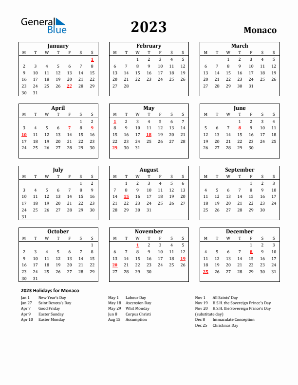 2023 Monaco Holiday Calendar - Monday Start