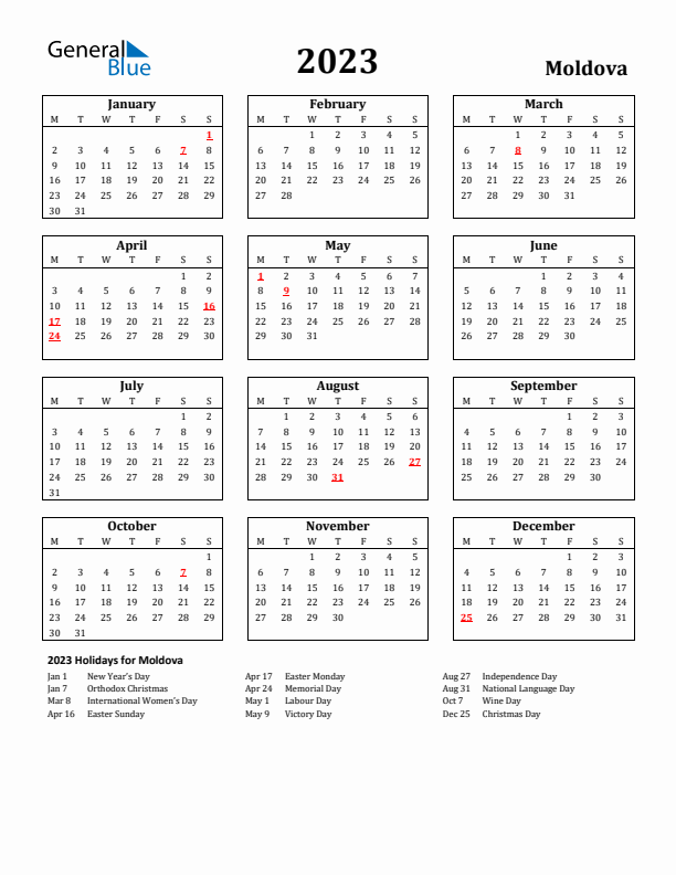 2023 Moldova Holiday Calendar - Monday Start