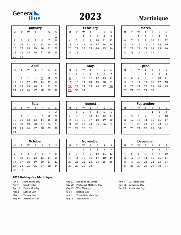 2023 Martinique Holiday Calendar - Monday Start