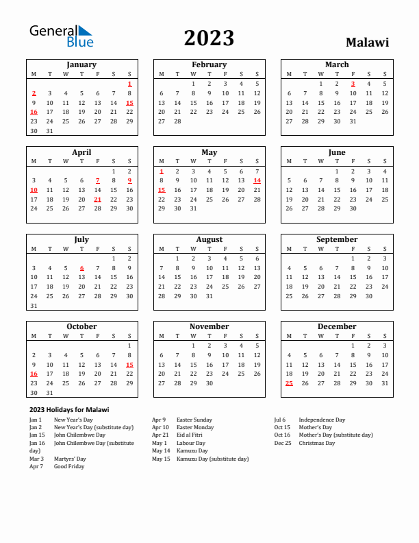 2023 Malawi Holiday Calendar - Monday Start