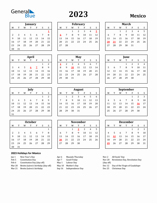 2023 Mexico Holiday Calendar - Monday Start