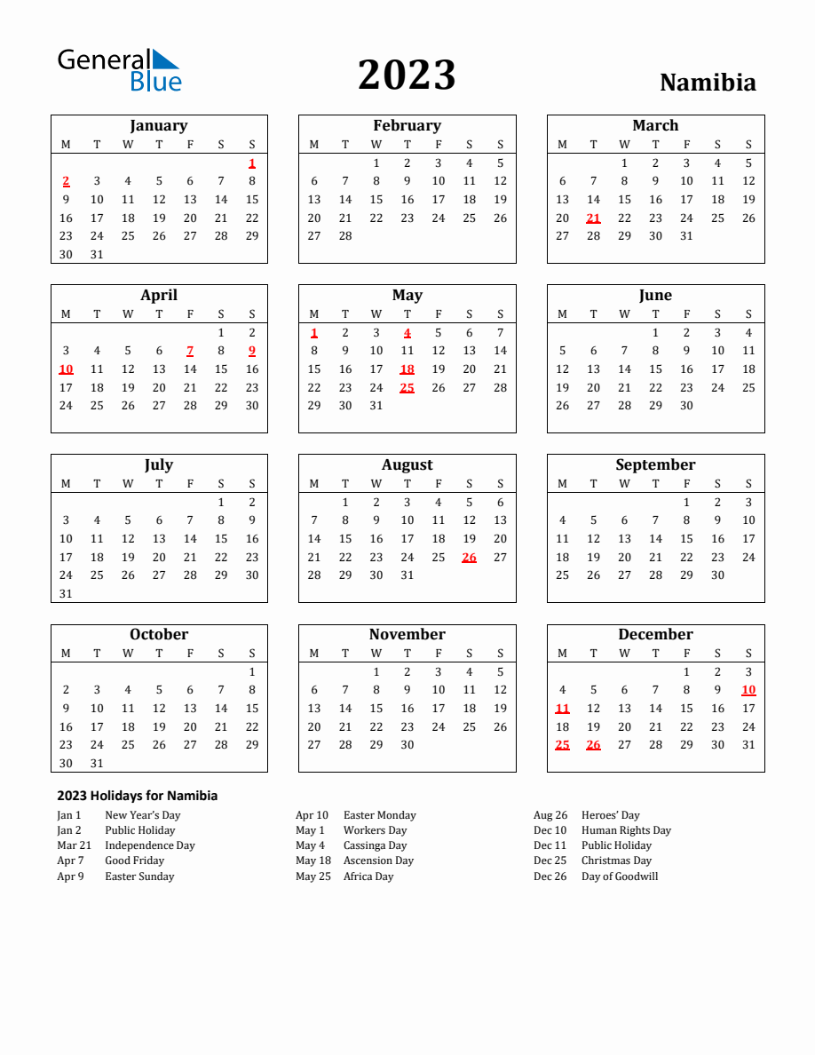 Free Printable 2023 Namibia Holiday Calendar