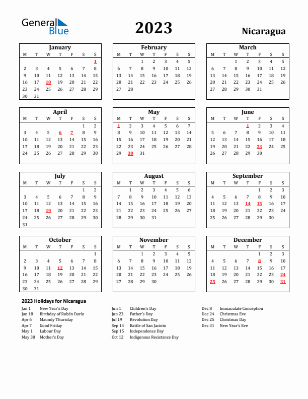 2023 Nicaragua Holiday Calendar - Monday Start