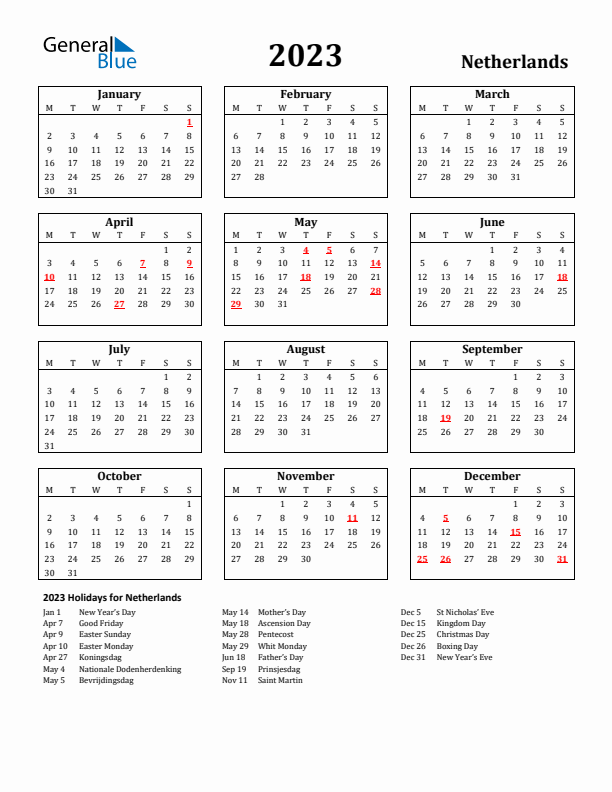 2023 The Netherlands Holiday Calendar - Monday Start