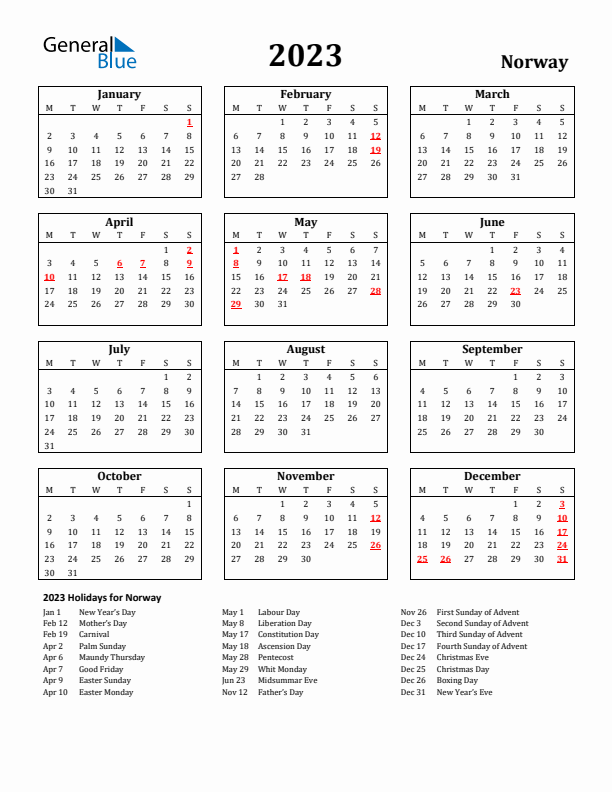 2023 Norway Holiday Calendar - Monday Start