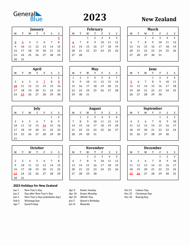 2023 New Zealand Holiday Calendar - Monday Start