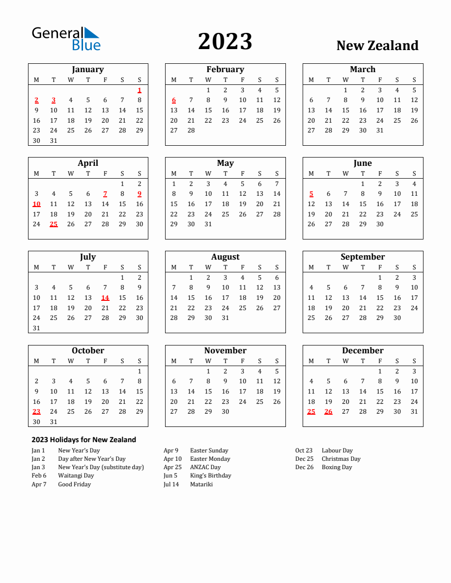 Free Printable 2023 New Zealand Holiday Calendar