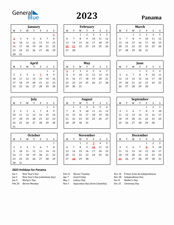 2023 Panama Holiday Calendar - Monday Start