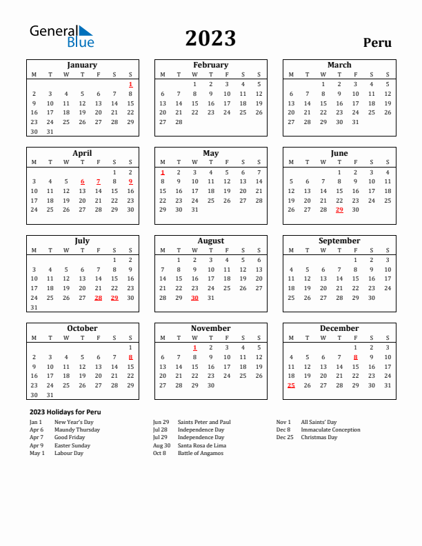 2023 Peru Holiday Calendar - Monday Start