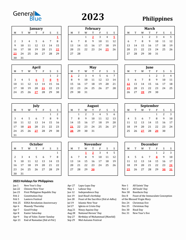 2023 Philippines Holiday Calendar - Monday Start
