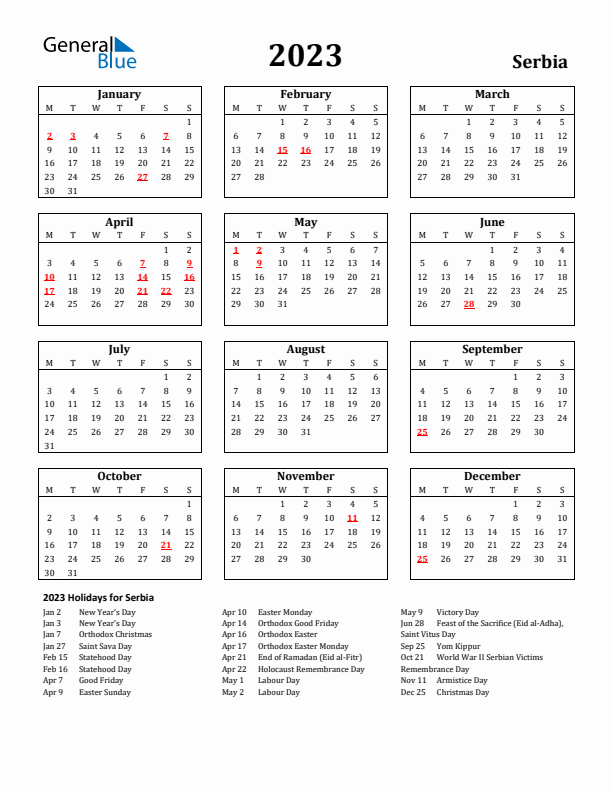 2023 Serbia Holiday Calendar - Monday Start