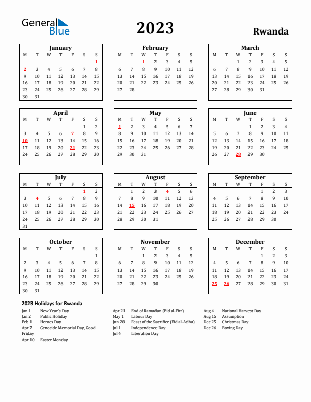 2023 Rwanda Holiday Calendar - Monday Start