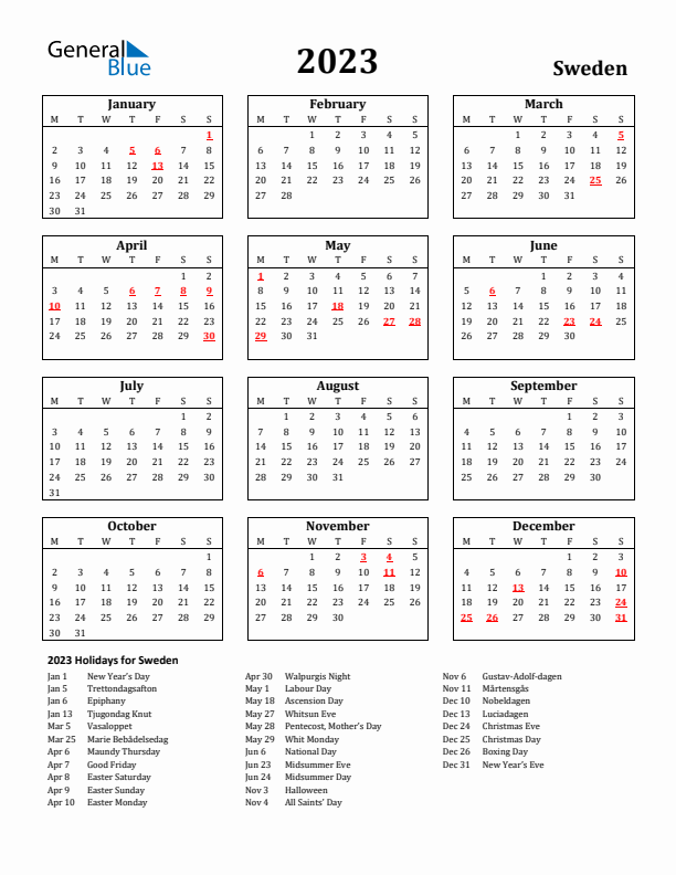 2023 Sweden Holiday Calendar - Monday Start