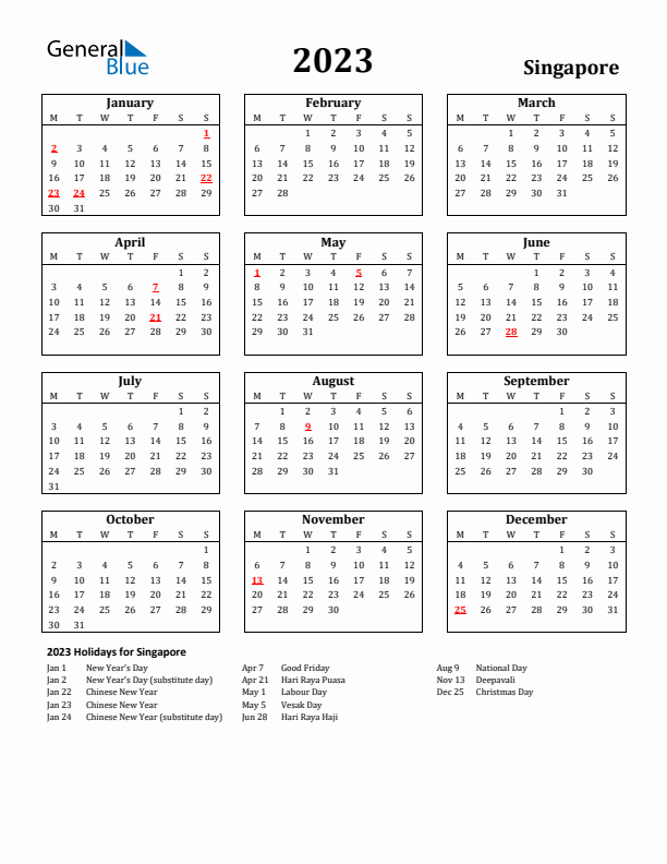 2023 Singapore Holiday Calendar - Monday Start
