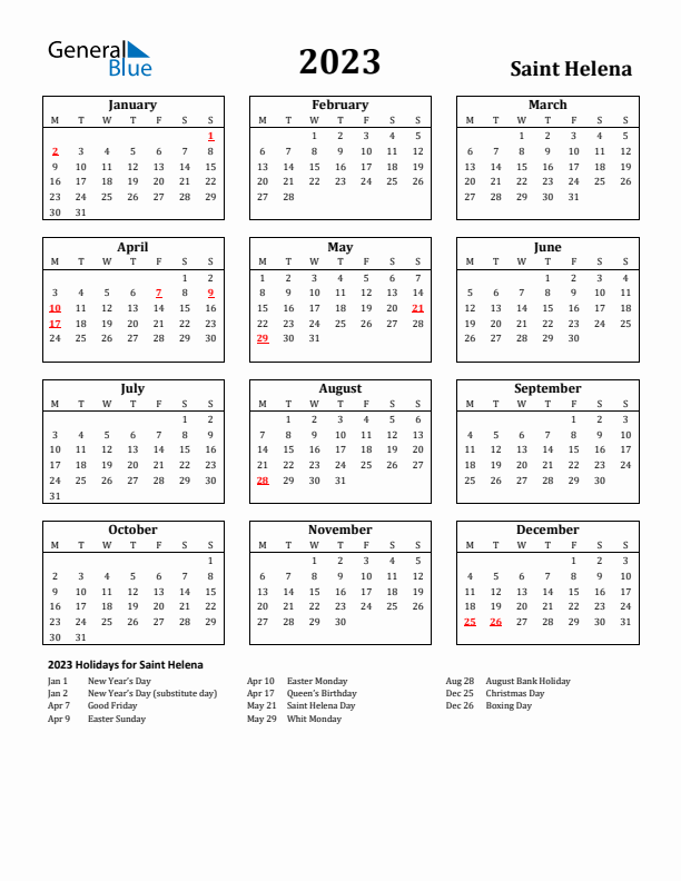 2023 Saint Helena Holiday Calendar - Monday Start