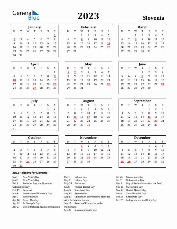 2023 Slovenia Holiday Calendar - Monday Start