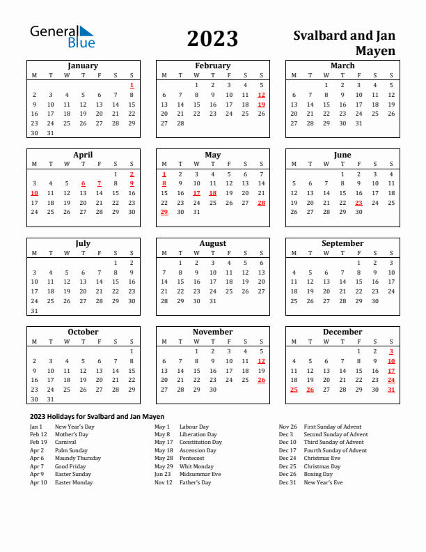2023 Svalbard and Jan Mayen Holiday Calendar - Monday Start