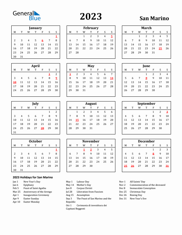 2023 San Marino Holiday Calendar - Monday Start