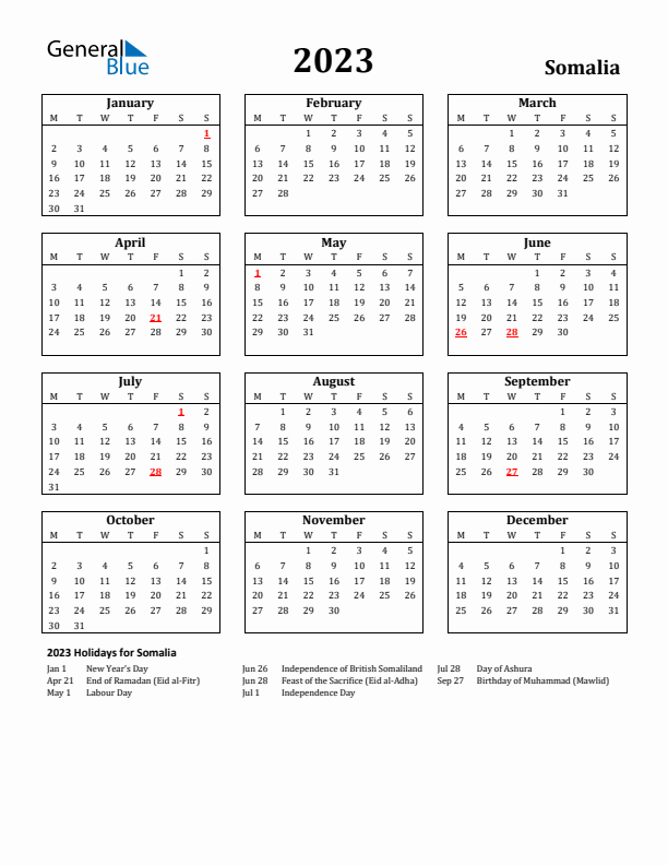 2023 Somalia Holiday Calendar - Monday Start
