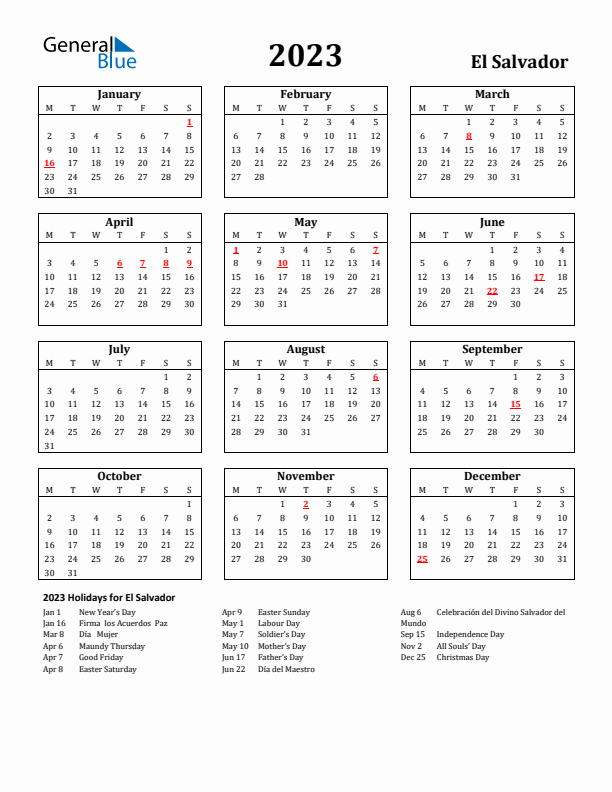 2023 El Salvador Holiday Calendar - Monday Start