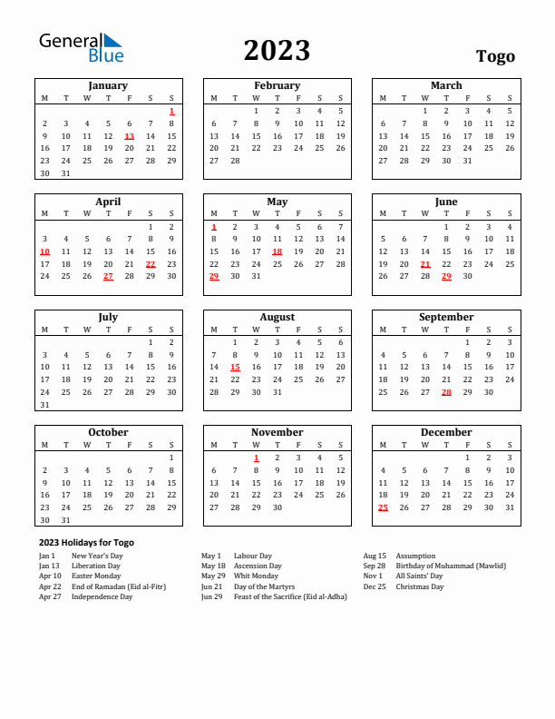 2023 Togo Holiday Calendar - Monday Start