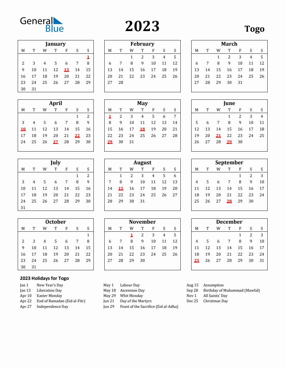 Free Printable 2023 Togo Holiday Calendar