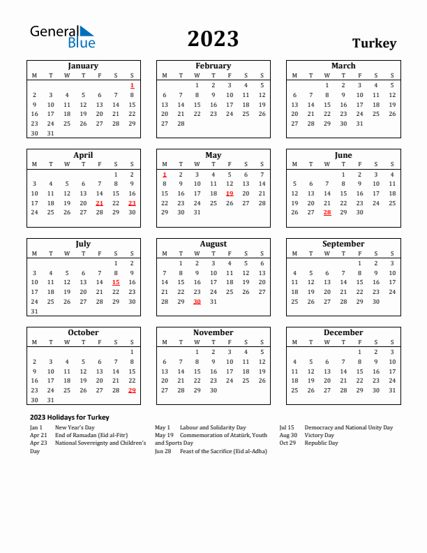 2023 Turkey Holiday Calendar - Monday Start
