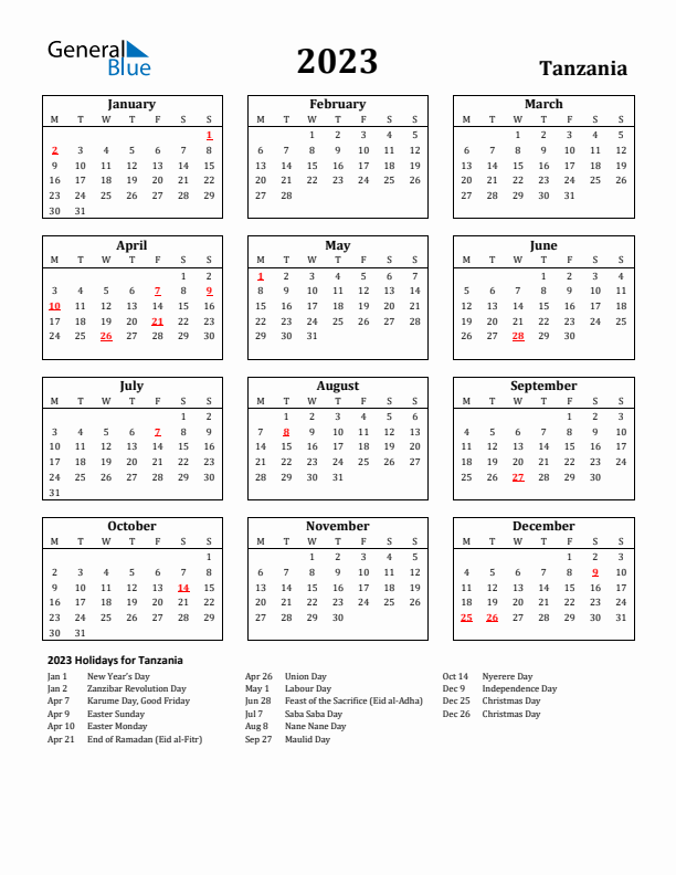 2023 Tanzania Holiday Calendar - Monday Start