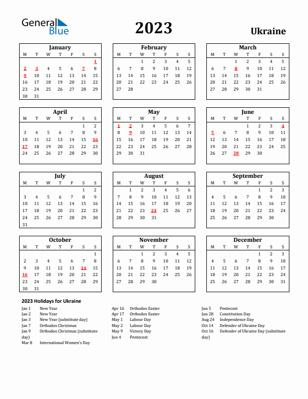 2023 Ukraine Holiday Calendar - Monday Start