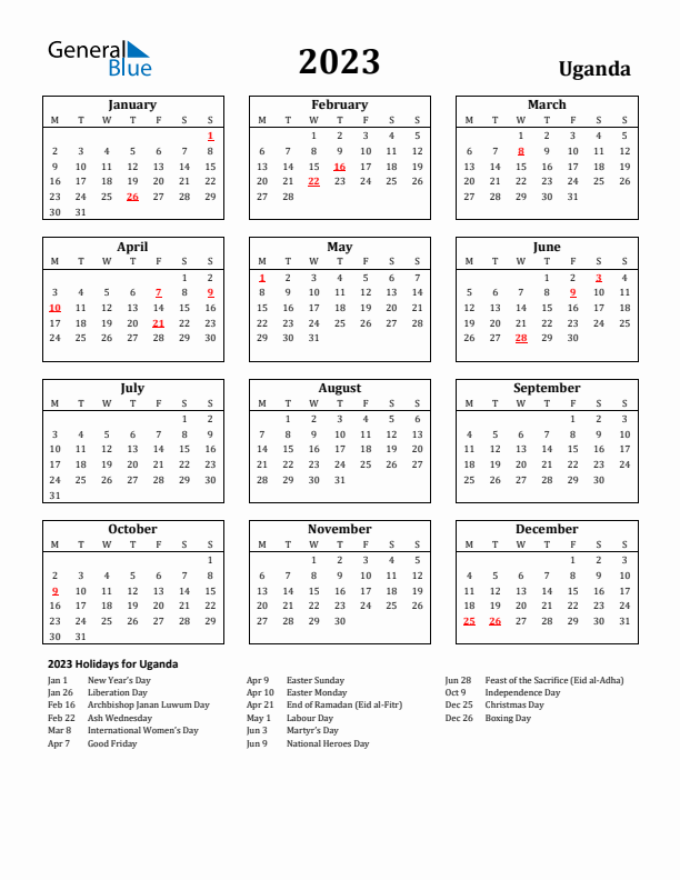 2023 Uganda Holiday Calendar - Monday Start