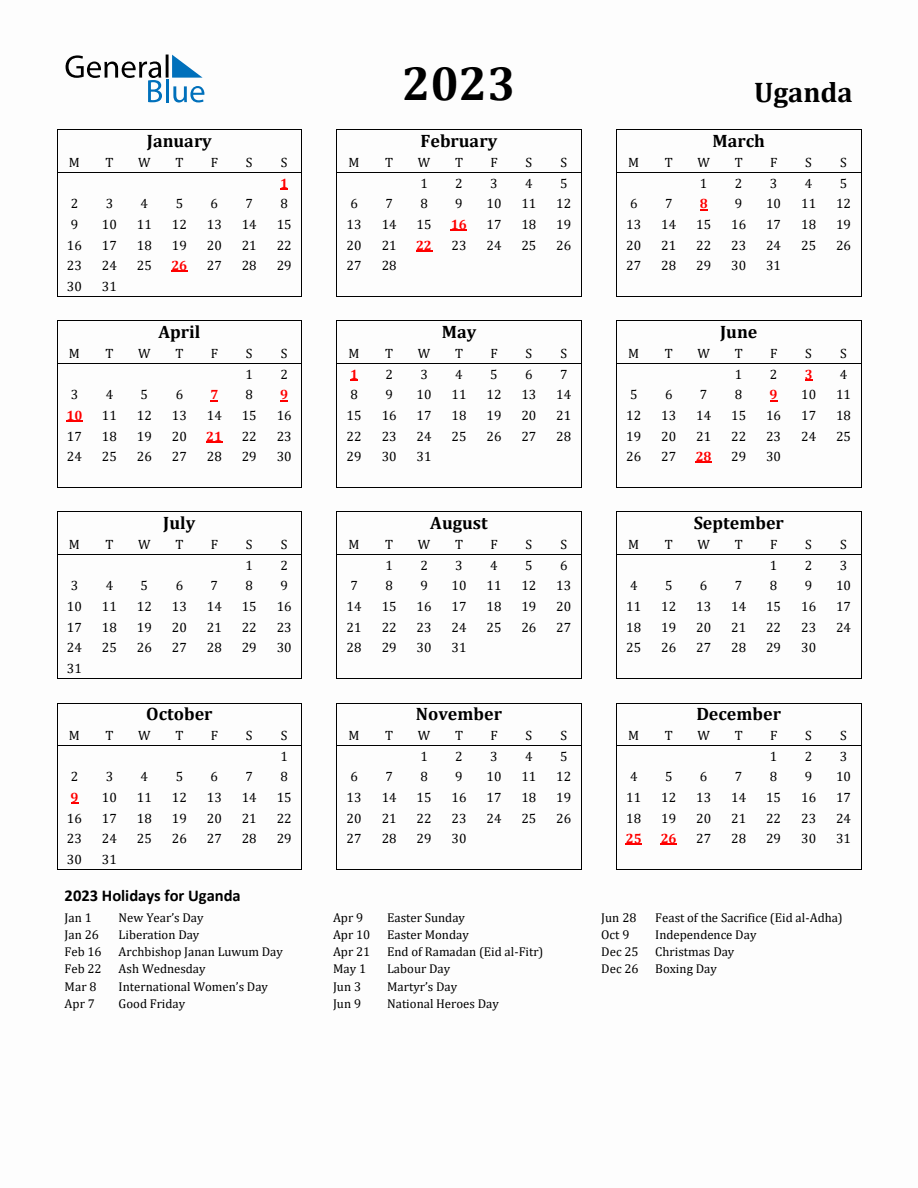Free Printable 2023 Uganda Holiday Calendar