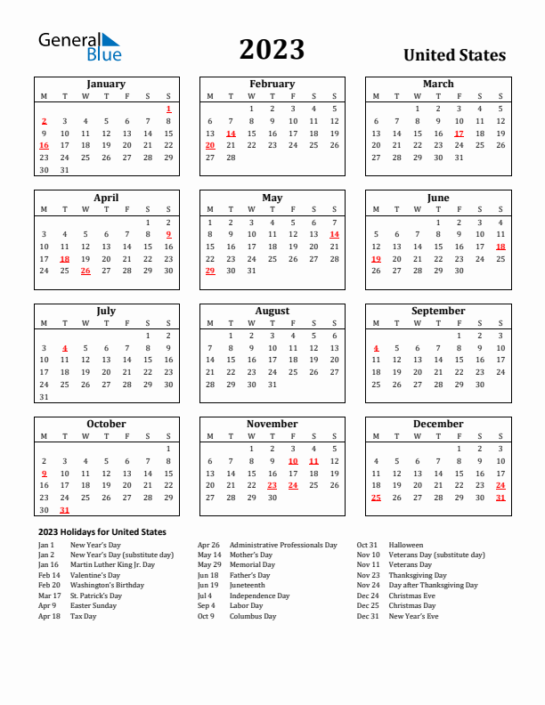 2023 United States Holiday Calendar - Monday Start