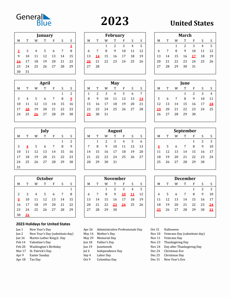 Free Printable 2023 United States Holiday Calendar