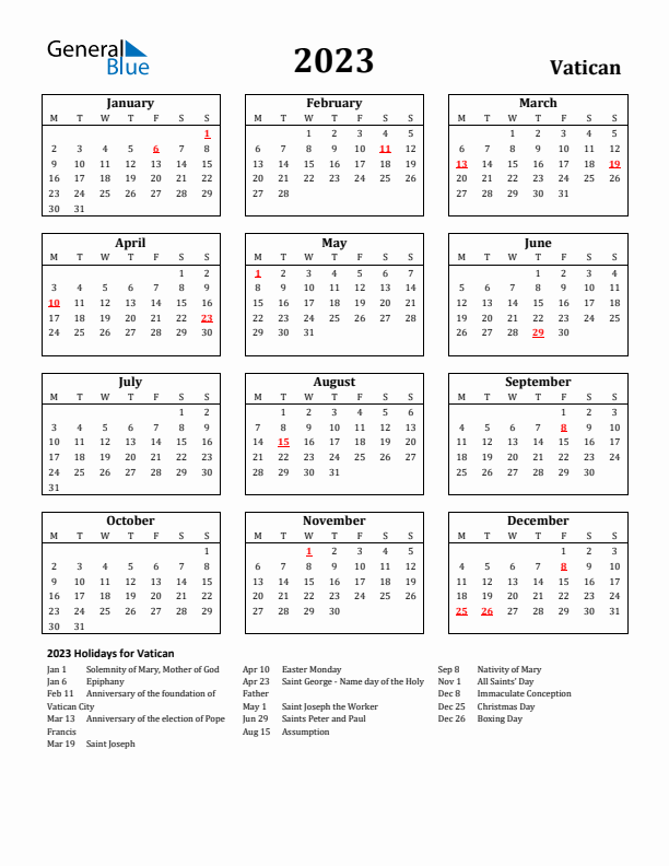 2023 Vatican Holiday Calendar - Monday Start