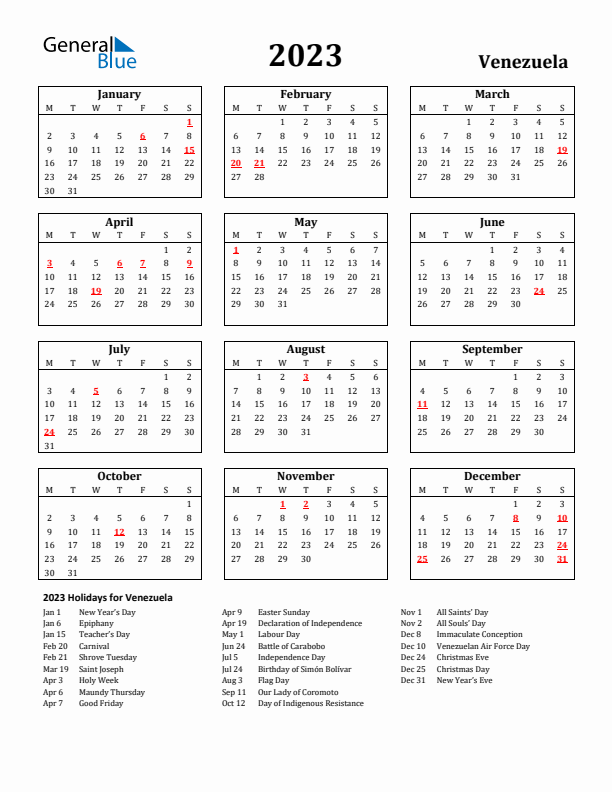 2023 Venezuela Holiday Calendar - Monday Start