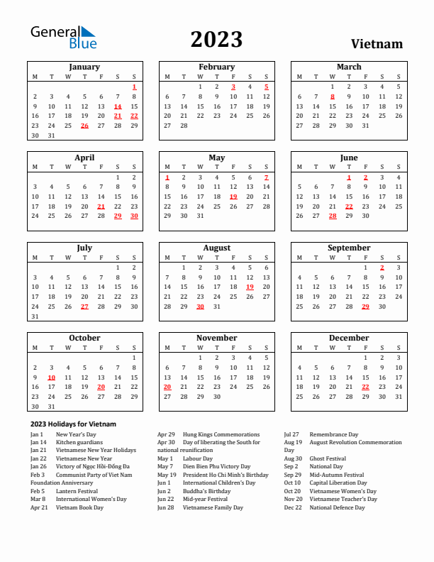2023 Vietnam Holiday Calendar - Monday Start