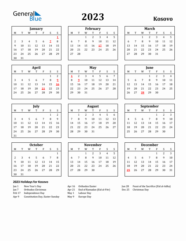 2023 Kosovo Holiday Calendar - Monday Start