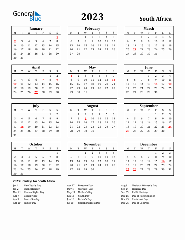 2023 South Africa Holiday Calendar - Monday Start