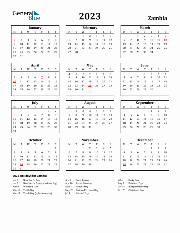 2023 Zambia Holiday Calendar - Monday Start