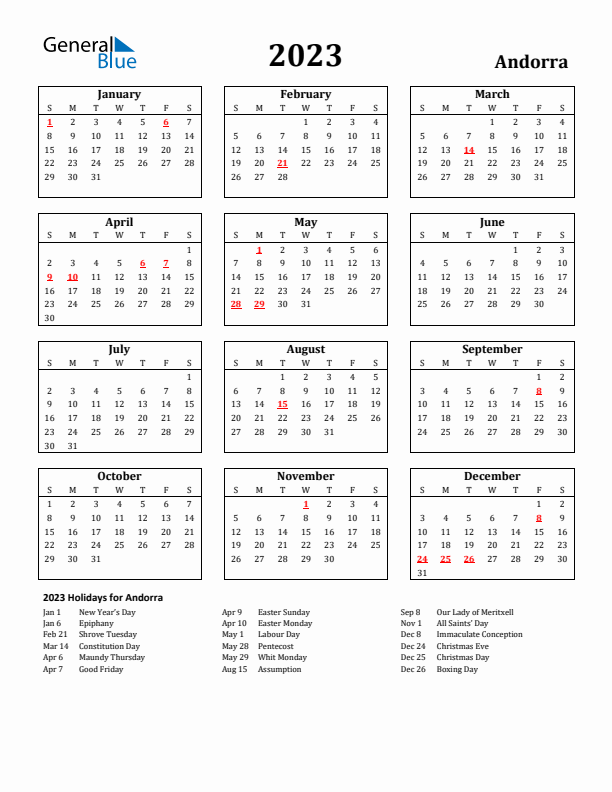 2023 Andorra Holiday Calendar - Sunday Start
