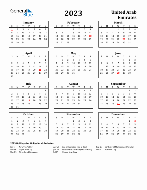 2023 United Arab Emirates Holiday Calendar - Sunday Start