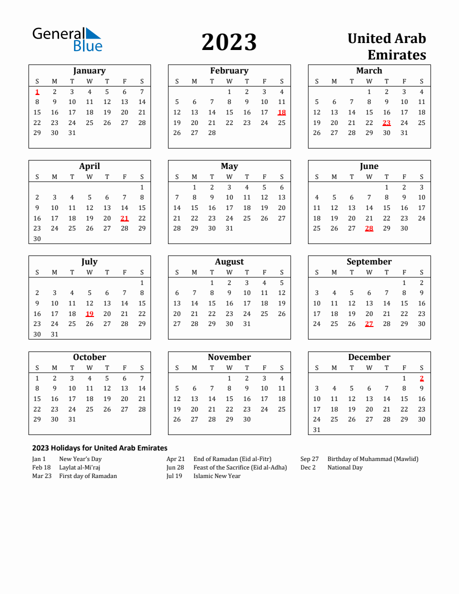 Free Printable 2023 United Arab Emirates Holiday Calendar 8687