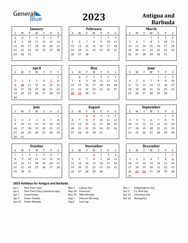 2023 Antigua and Barbuda Holiday Calendar - Sunday Start