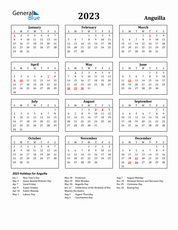 2023 Anguilla Holiday Calendar - Sunday Start