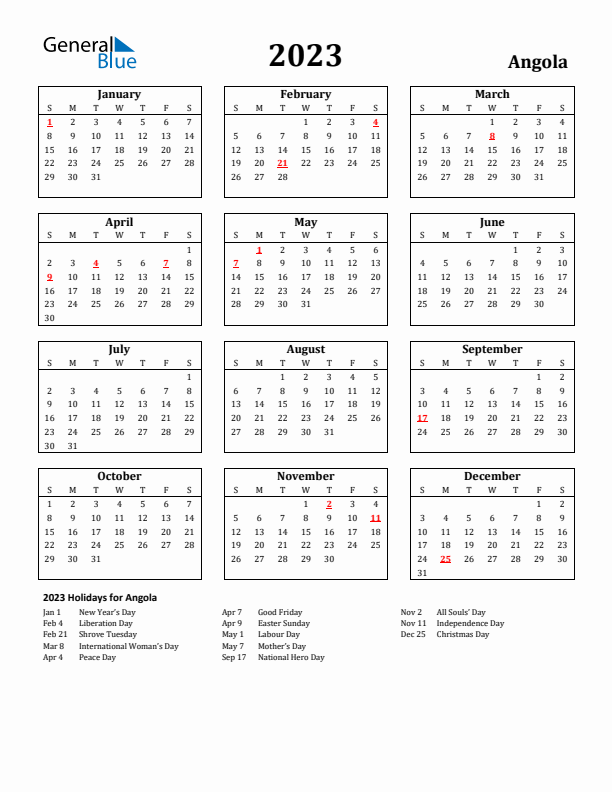 2023 Angola Holiday Calendar - Sunday Start