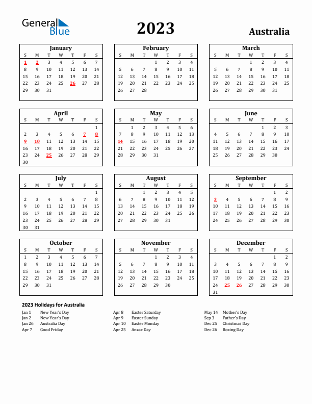 2023 Australia Holiday Calendar - Sunday Start