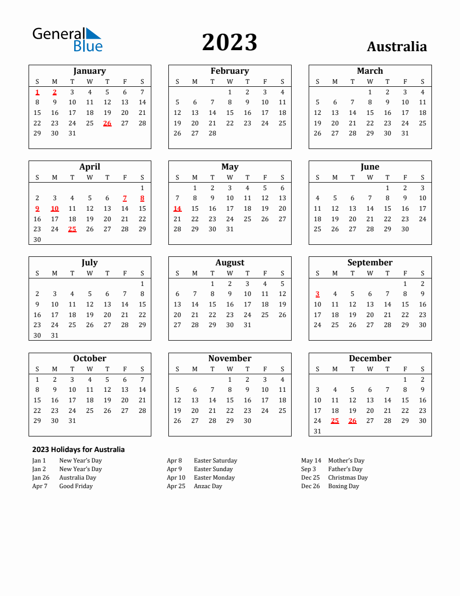 Free Printable 2023 Australia Holiday Calendar