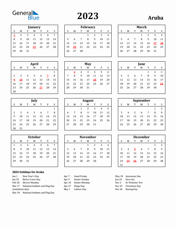 2023 Aruba Holiday Calendar - Sunday Start