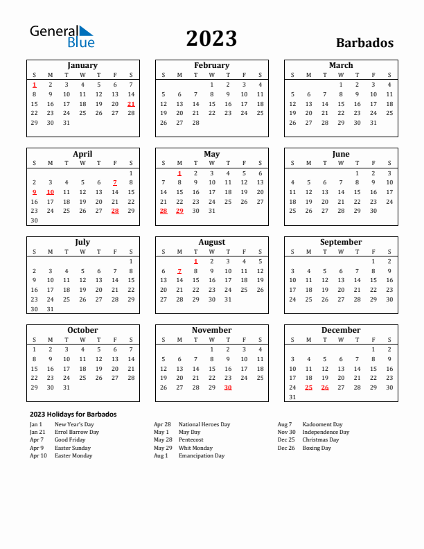 2023 Barbados Holiday Calendar - Sunday Start