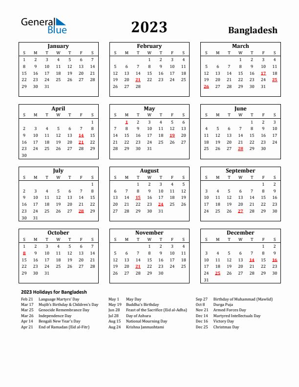2023 Bangladesh Holiday Calendar - Sunday Start